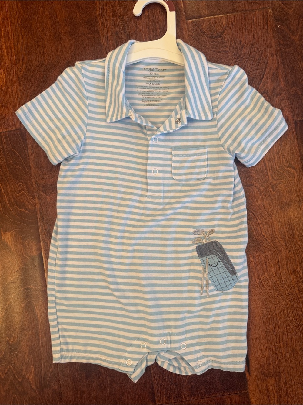 Angel Dear Light Blue and White Striped Polo golf print Romper